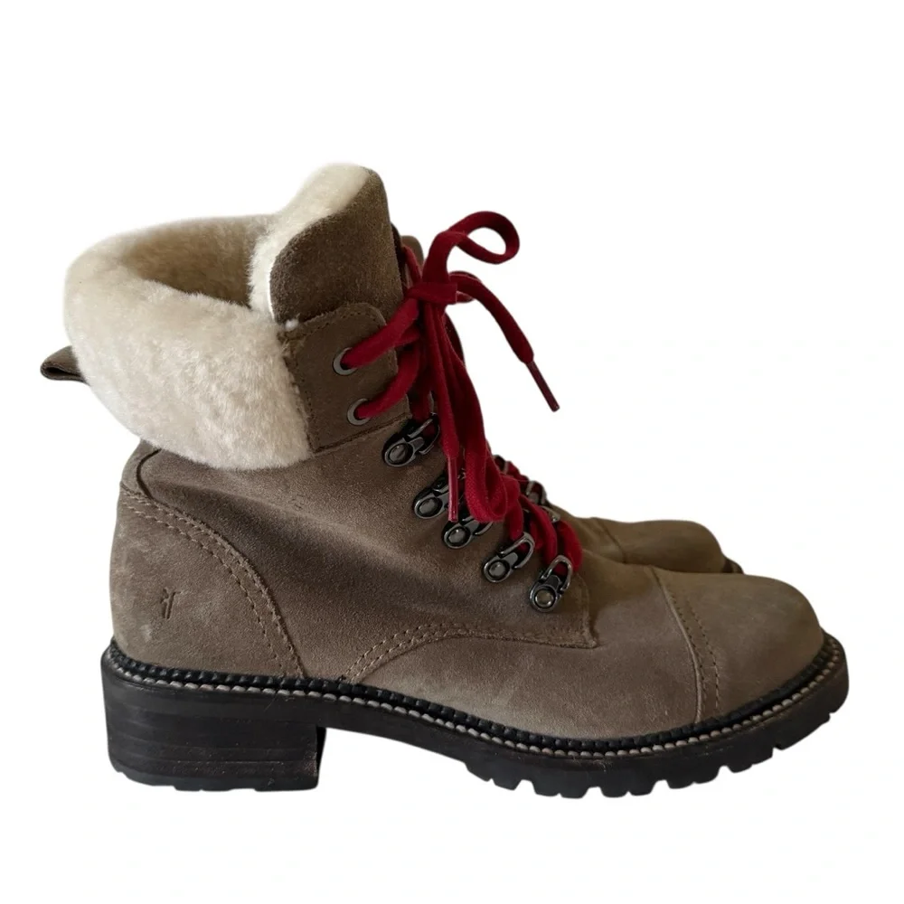 Frye Boots Womens Samantha Hiker Combat  Moto Taupe  Leather Casual SZ 8 - Picture 2 of 5